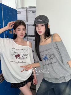 ME KAKAMEE夏新品喷画小猫立体蝴蝶结雪花棉面膜斜肩T短袖T恤9500