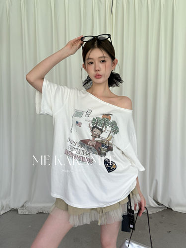ME KAKAMEE辣妹比基尼贝蒂喷画立体爱心渐变斜肩大版短袖T恤S5121