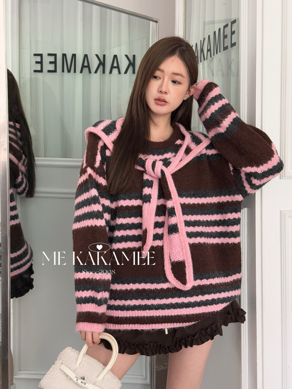 KAKAMEE冬新品韩系慵懒撞色条纹设计感宽松套头韩版保暖毛衣A3058