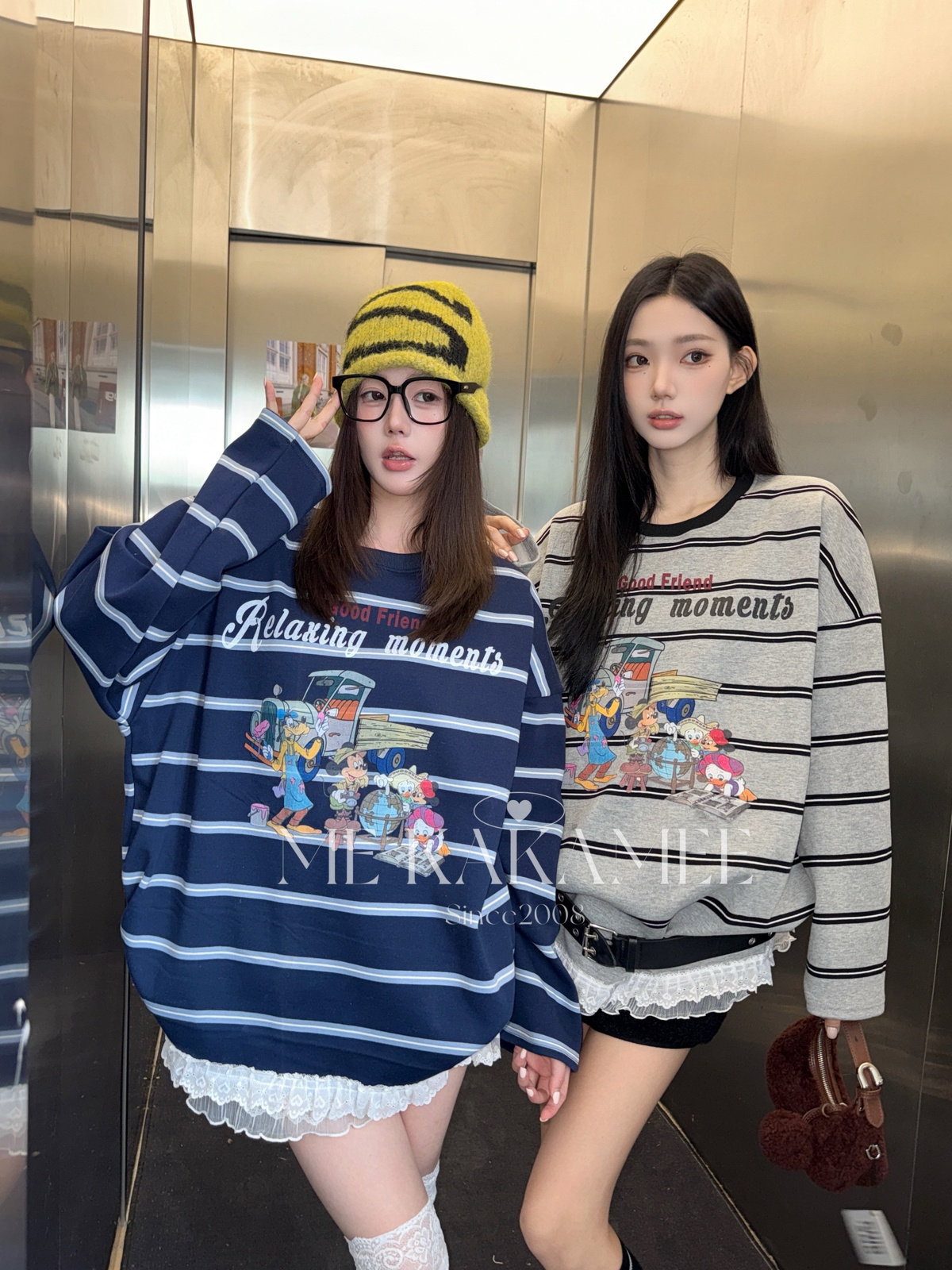 ME KAKAMEE新品韩系迪士尼喷画蕾丝拼接下摆加厚加绒宽松卫衣5721