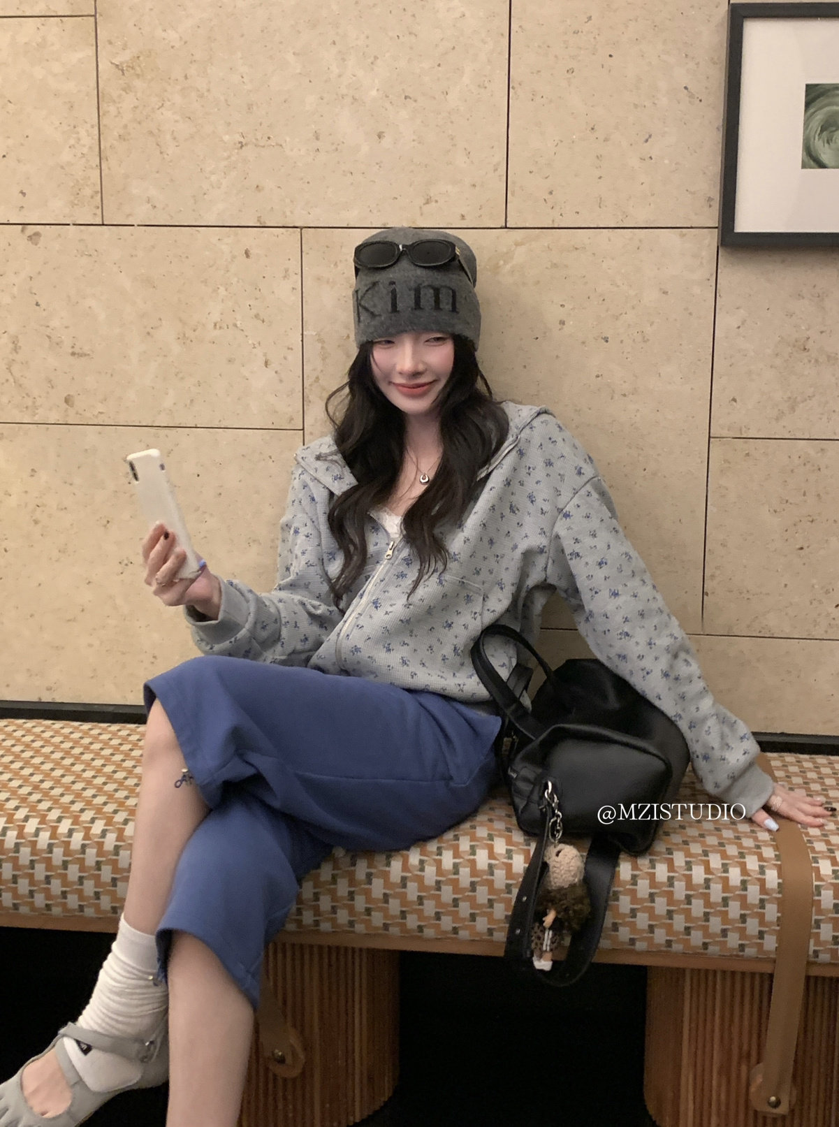 MZI STUDIO秋碎花华夫格纹连帽拉链口袋甜美少女感卫衣外套13563