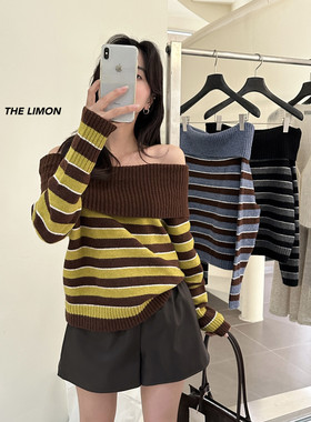 The lemon新款慵懒风条纹撞色一字领保暖毛衣针织衫女211
