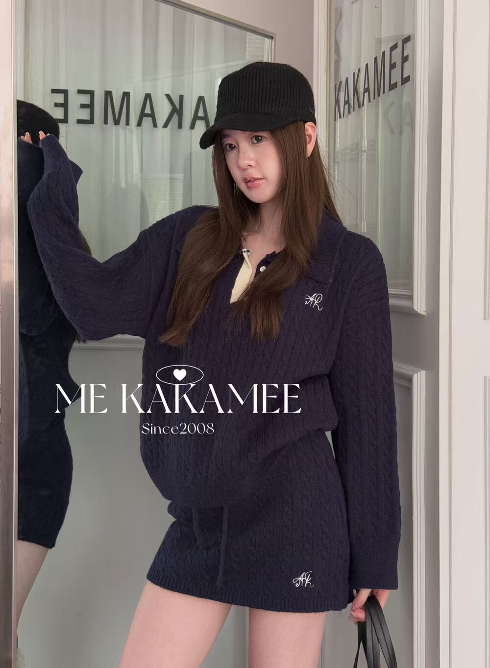 KAKAMEE冬新品学院麻花长袖翻领毛衣针织短款裙裤两件套装A3023