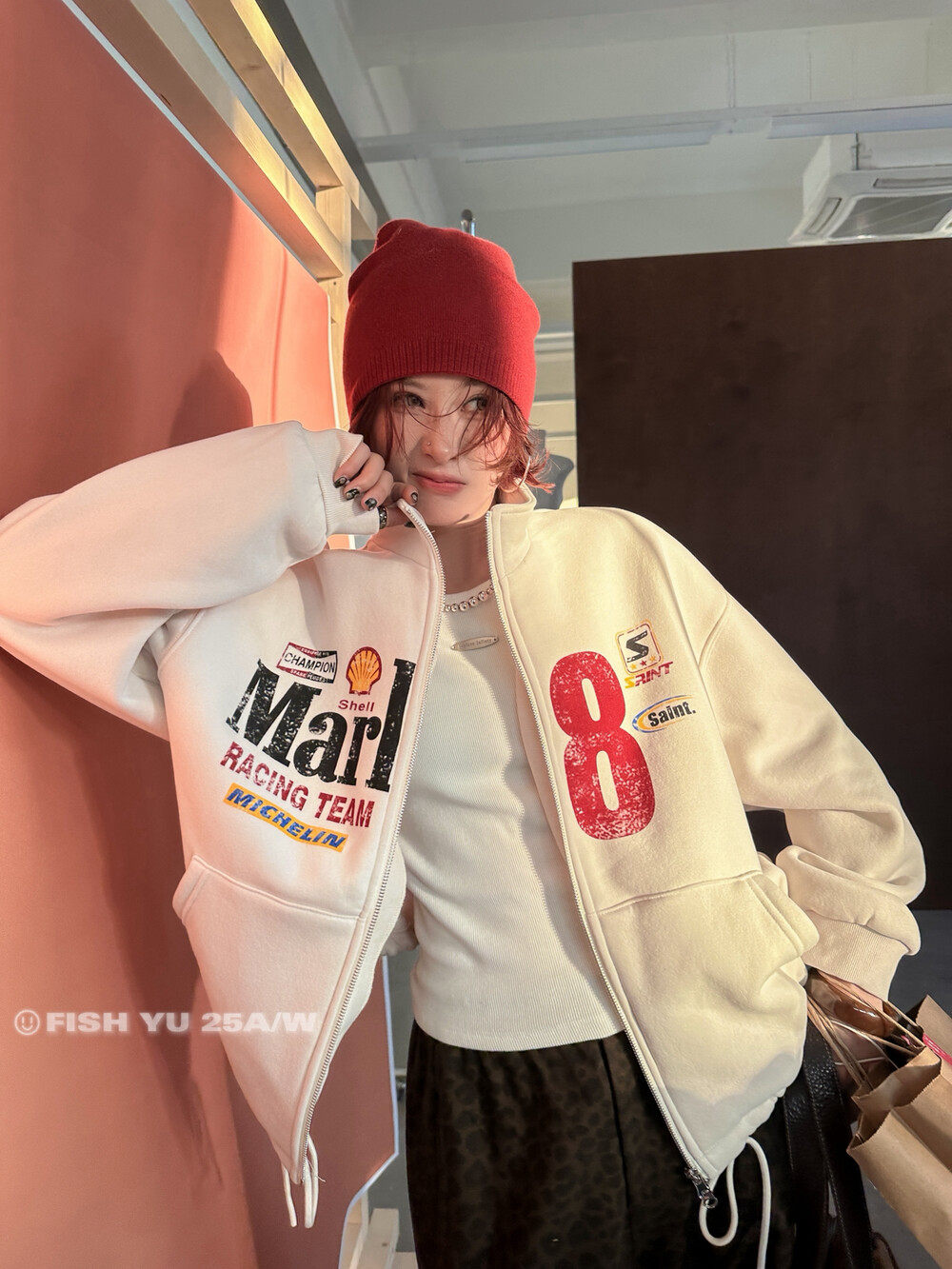 YU冬新款美式复古赛车风做旧龟裂印花内里抓绒卫衣外套卫衣25766