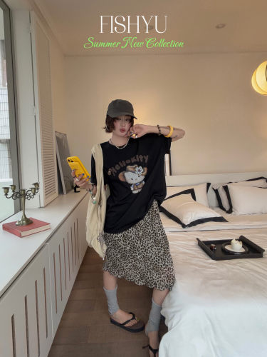 FISH YU夏新款欧货韩系慵懒氛围感豹纹雪纺半身裙短裙女26283