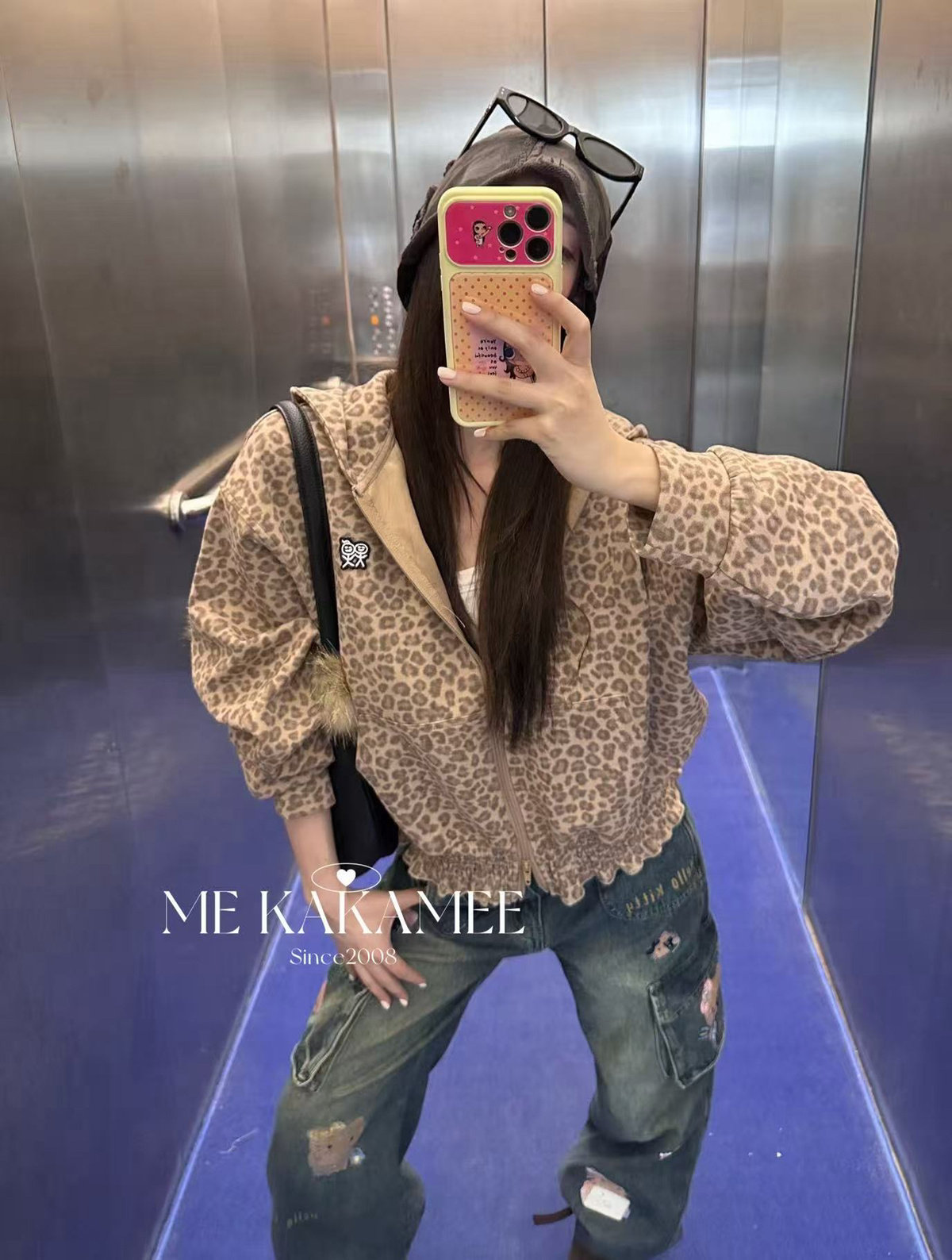ME KAKAMEE秋新品火柴人双向拉链卫衣短外套连帽豹纹外套女9708