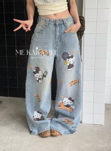 休闲显瘦牛仔裤 喷画豹纹网球KT猫长裤 女C0760 KAKAMEE春新品