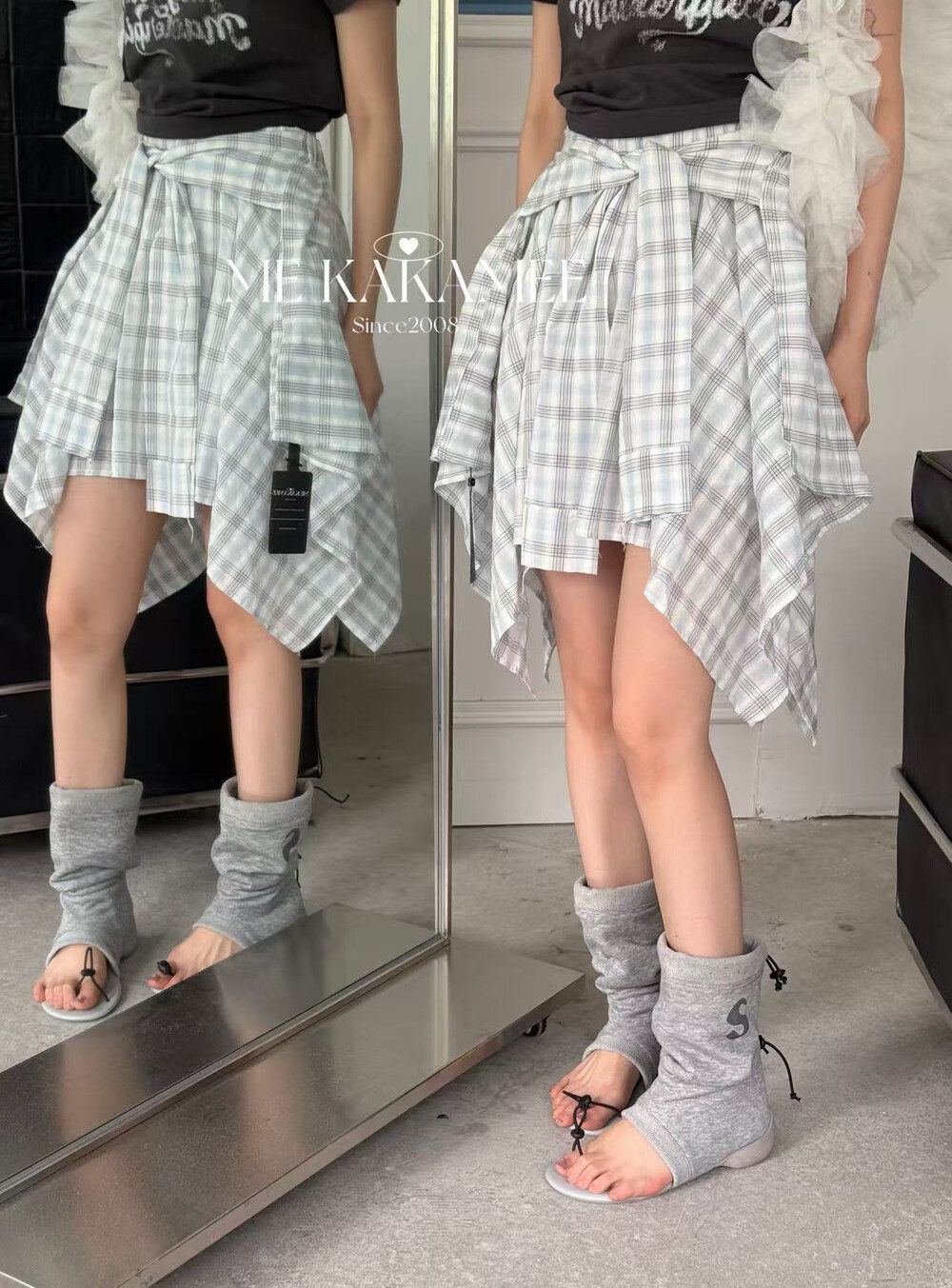 ME KAKAMEE新品设计感叠穿绑带假两件格纹半身裙女休闲1123