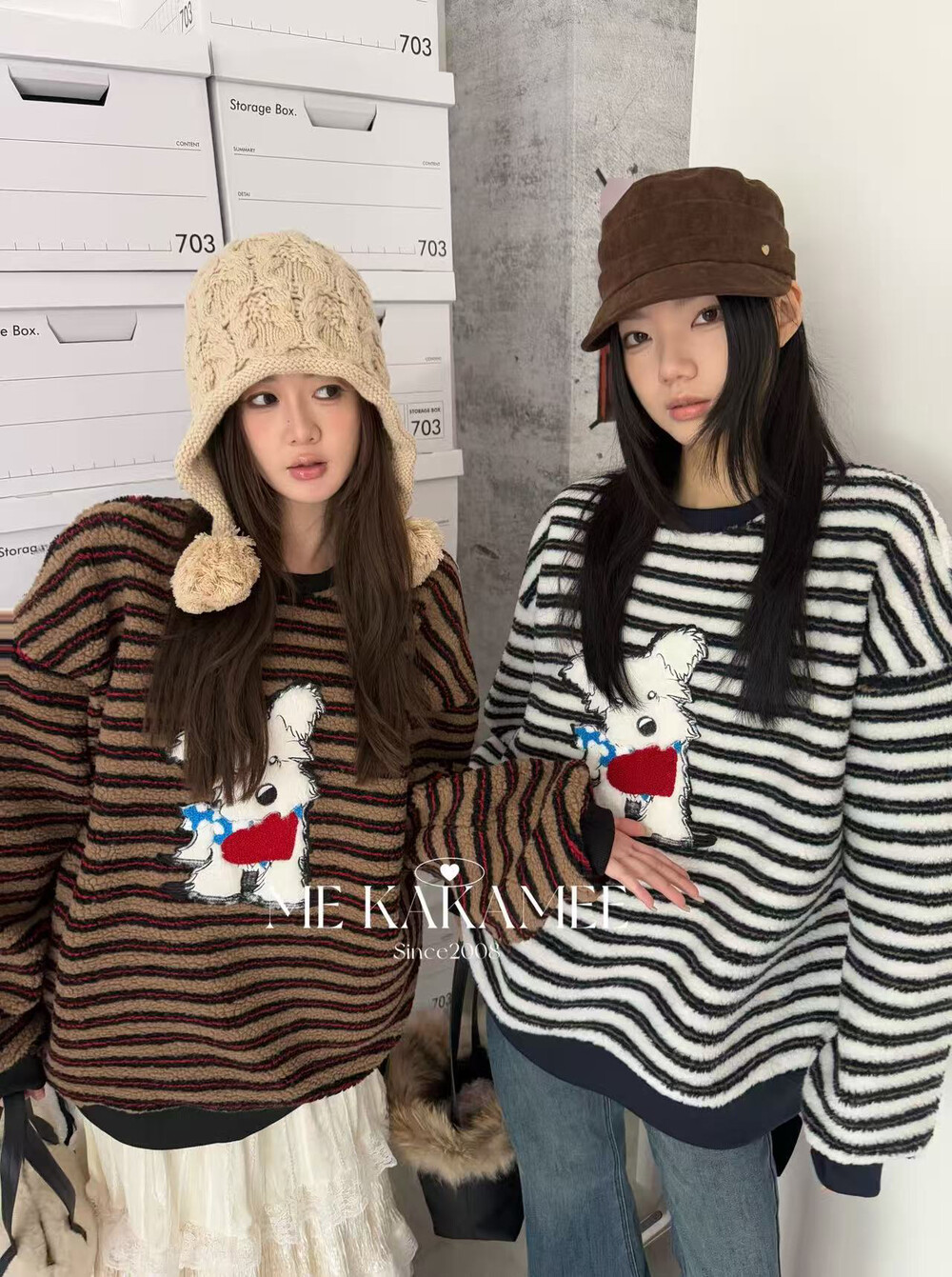 ME KAKAMEE冬新品立体毛绒小狗加厚羊羔毛圆领休闲条纹卫衣8991
