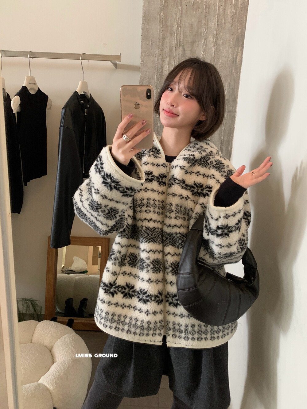 IMISS韩标！冬新款休闲韩版高品质复古提花棉衣毛毛外套H80871