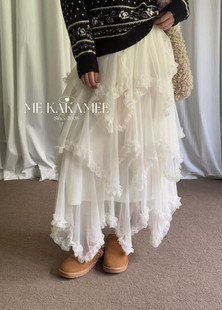 压褶花边不规则设计内里加绒纱裙半身裙长裙917 KAKAMEE冬新品