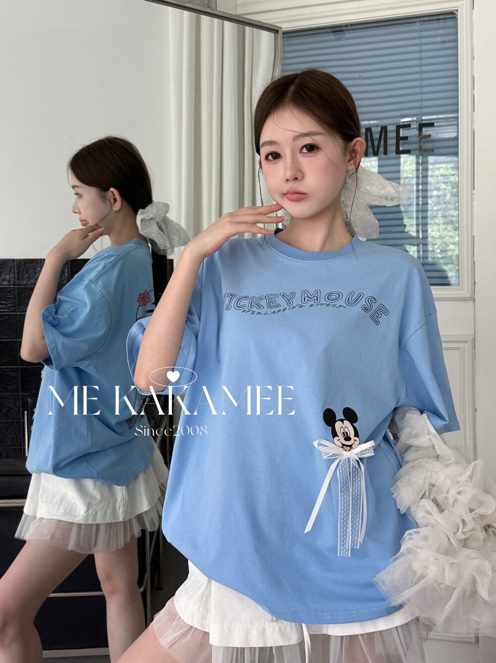 ME KAKAMEE夏新品卡通米奇插画彩喷AB面宽松大版休闲短袖T恤S5107
