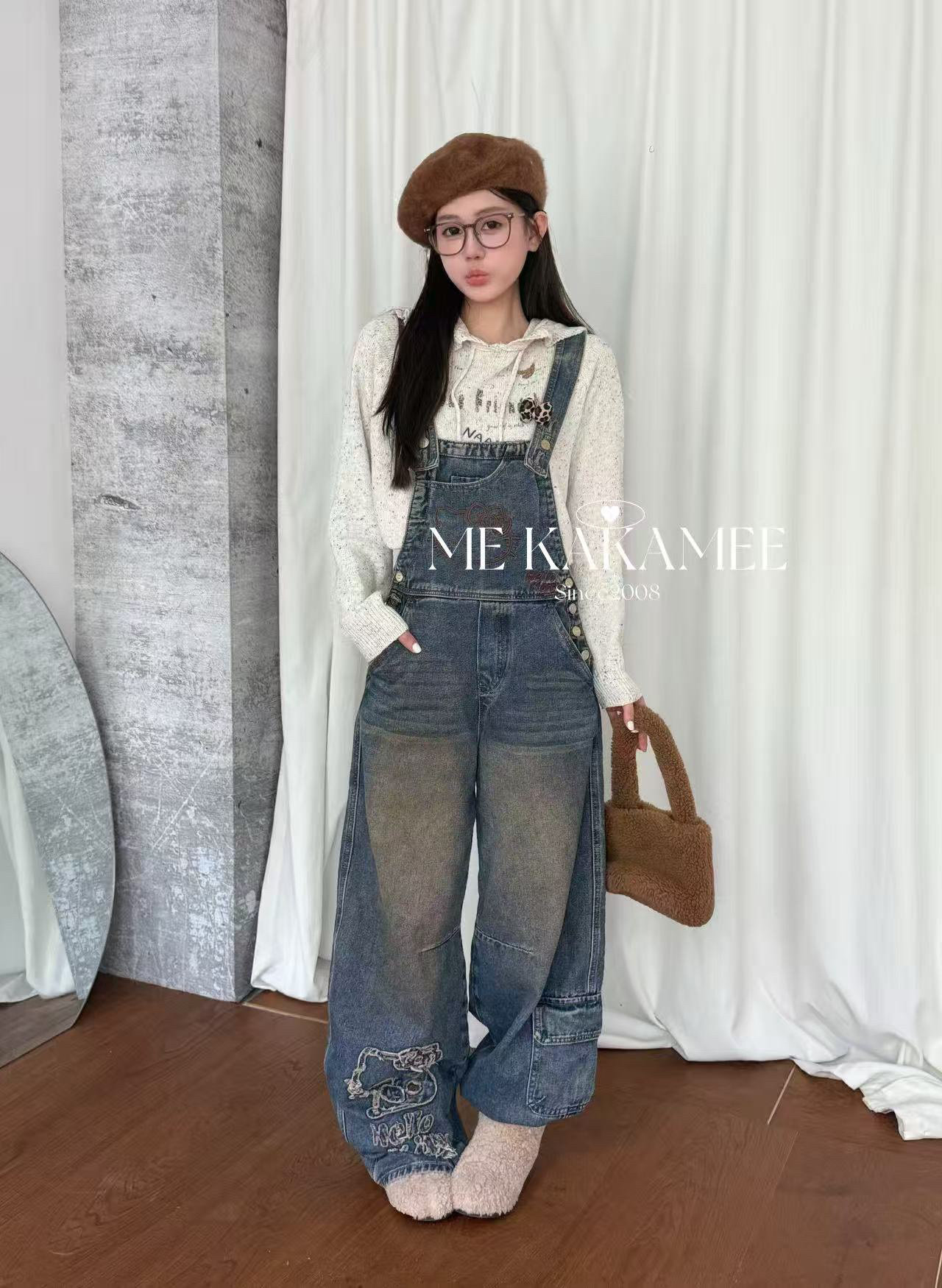 ME KAKAMEE新品立体KT猫洗水工装设计感牛仔背带裤C0963