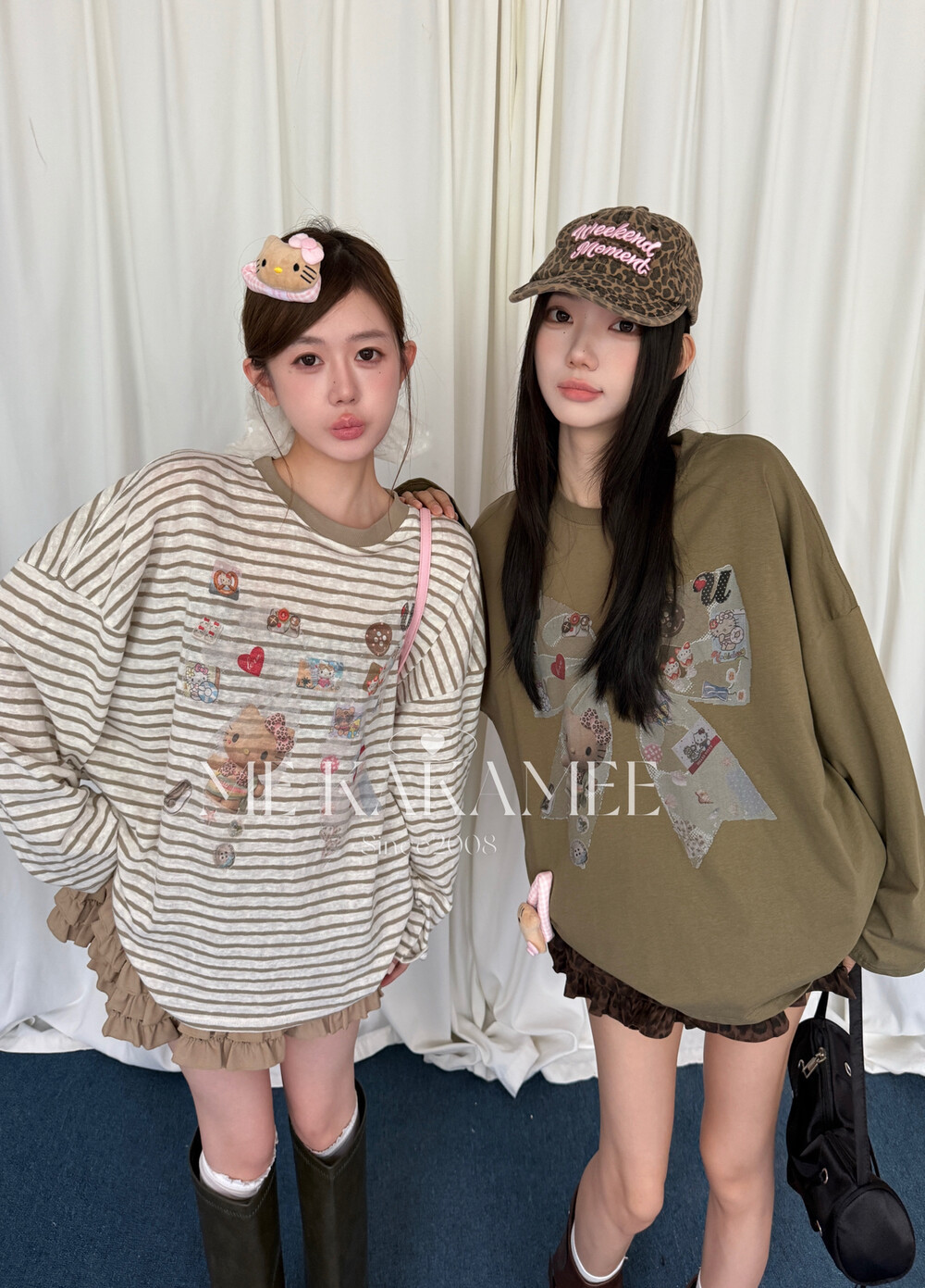 ME KAKAMEE秋新品卡通蝴蝶结KT猫发夹宽松大版长袖T恤女S5525