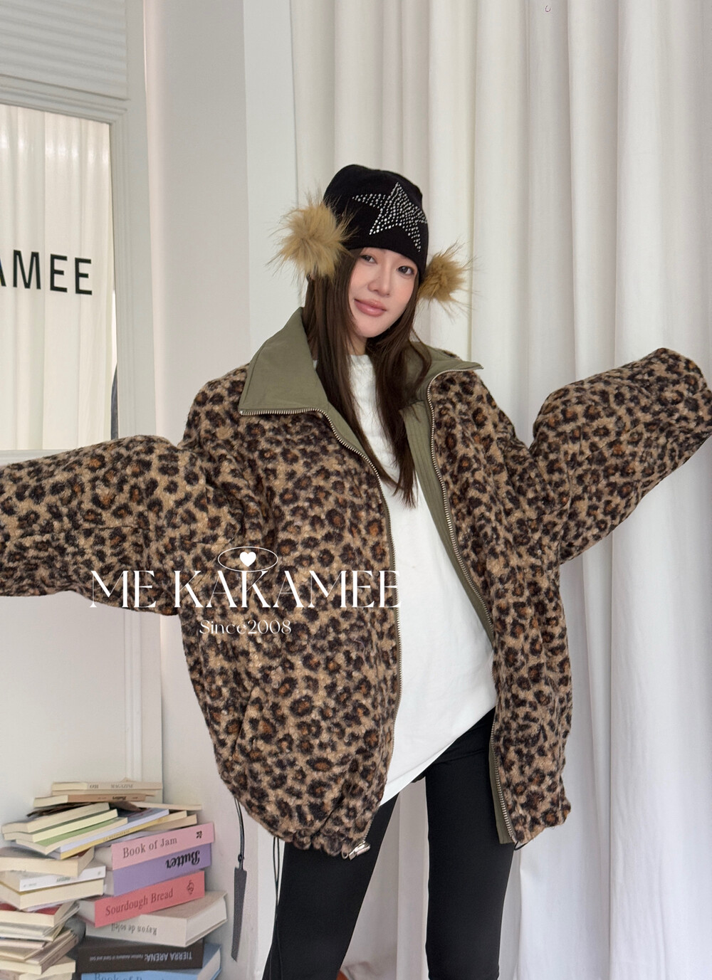 KAKAMEE冬新品复古豹纹工装加厚加绒立领正反两穿棉服外套A3032