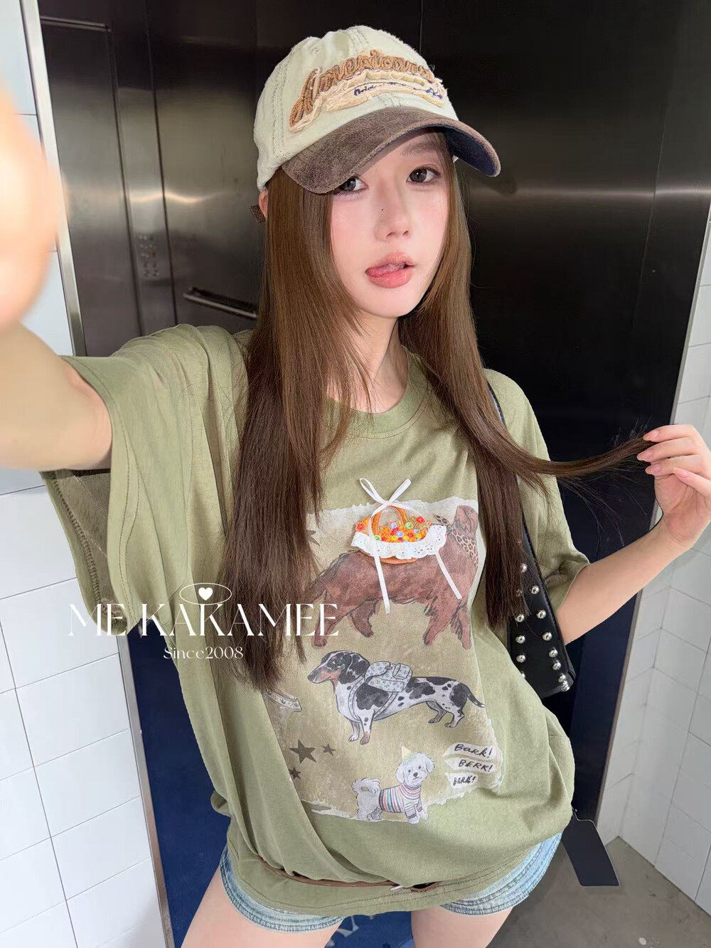 ME KAKAMEE新品喷画小狗立体背包工艺设计感大版面膜短袖T恤9381