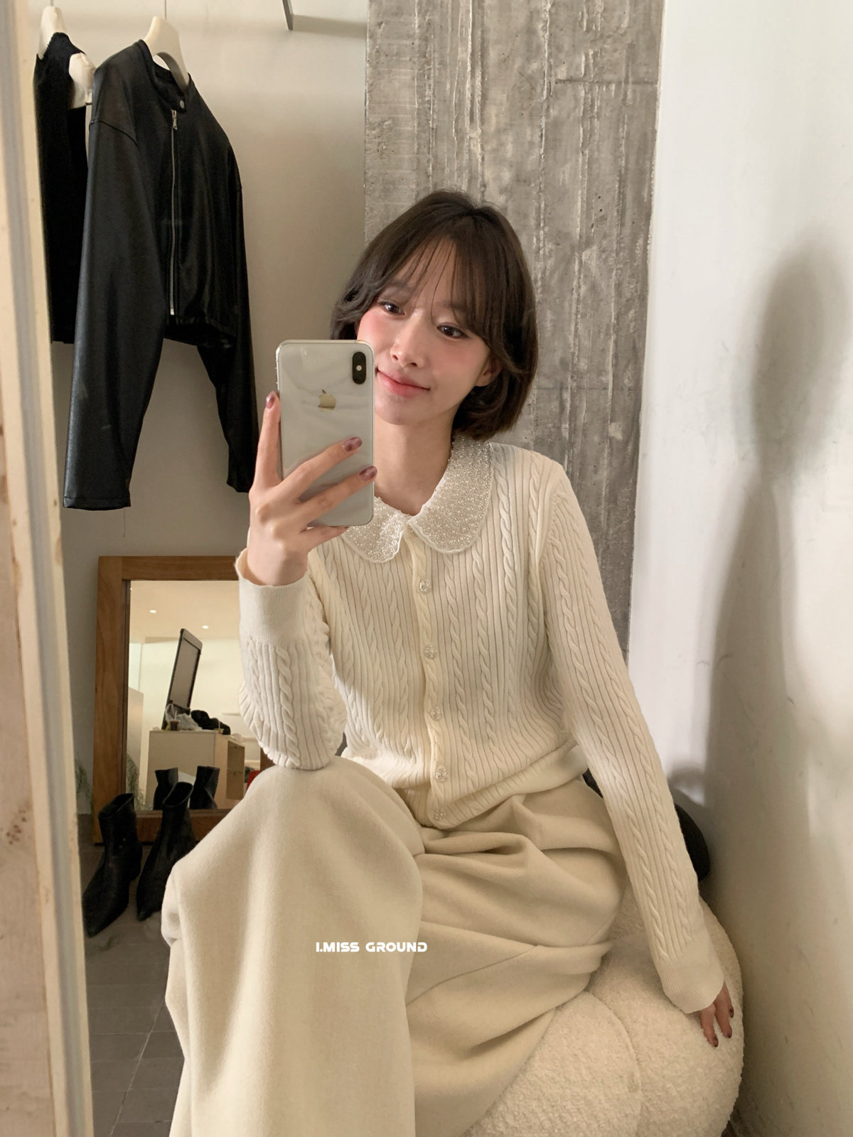 IMISS韩标！秋新款韩版珍珠领麻花针织衫开衫上衣女