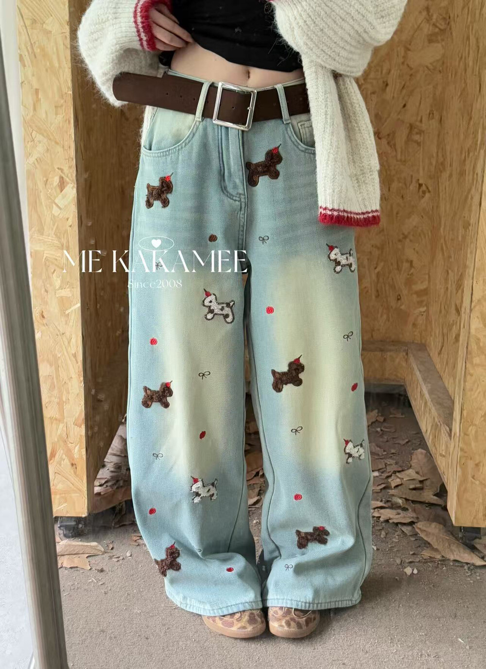 ME KAKAMEE冬新品复古冼水立体植绒小狗加绒牛仔裤 配腰带C0610