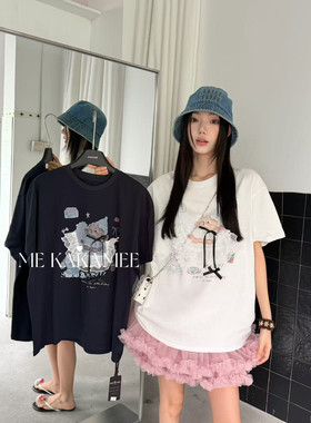 ME KAKAMEE夏新品设计立体花边喷画趣味小熊工艺大版短袖T恤9313
