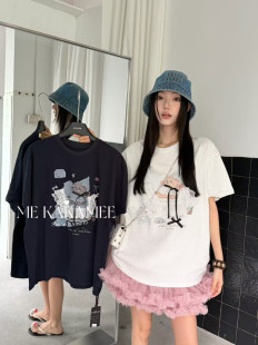 ME KAKAMEE夏新品设计立体花边喷画趣味小熊工艺大版短袖T恤9313