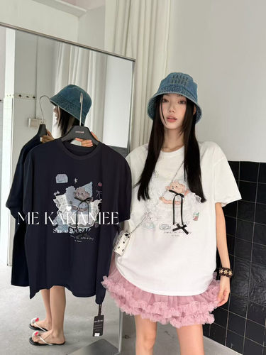 ME KAKAMEE夏新品设计立体花边喷画趣味小熊工艺大版短袖T恤9313