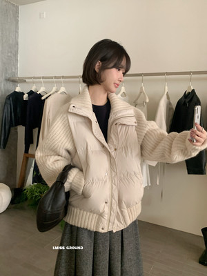 IMISS冬季新款韩版简约显瘦高品质毛织袖拼接排骨外套立领羽绒服