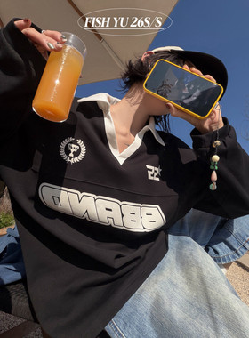 YU春新款2026美式复古字母印花撞色小V翻领杠条拼接POLO衫卫衣