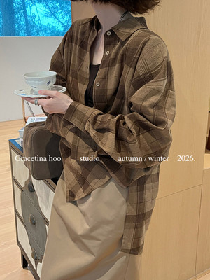 HOO秋新款韩版法式天丝苎麻慵懒松弛格子印花通勤百搭随性衬衫女