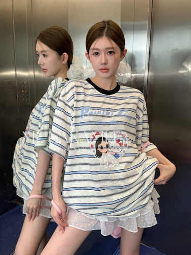 ME KAKAMEE新品爱心玉儿KT蕾丝裙摆条纹宽松大版短袖T恤宽松S5228