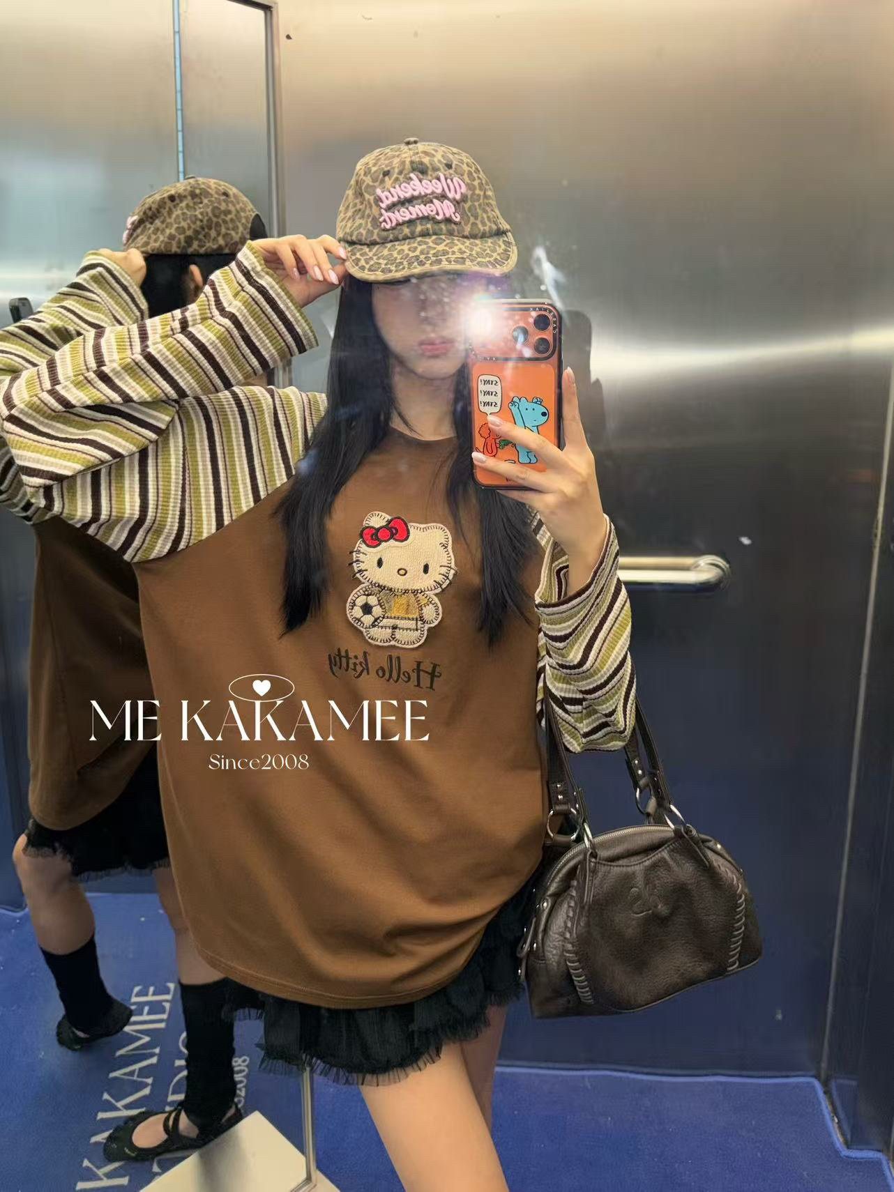 ME KAKAMEE秋新品立体足球KT猫章仔撞色设计插肩长袖T恤9693