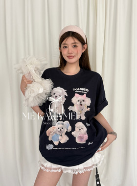 ME KAKAMEE新品萌宠小狗喷画立体蝴蝶结慵懒宽松大版短袖T恤S3890