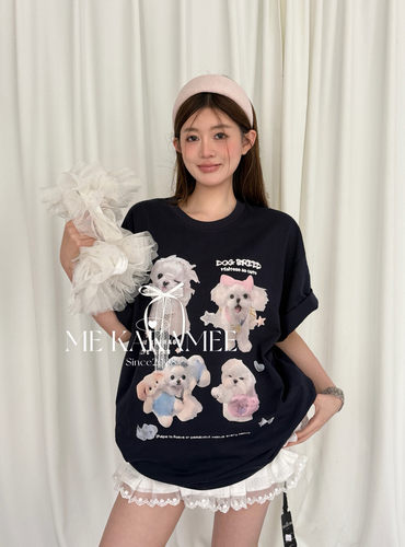 ME KAKAMEE新品萌宠小狗喷画立体蝴蝶结慵懒宽松大版短袖T恤S3890