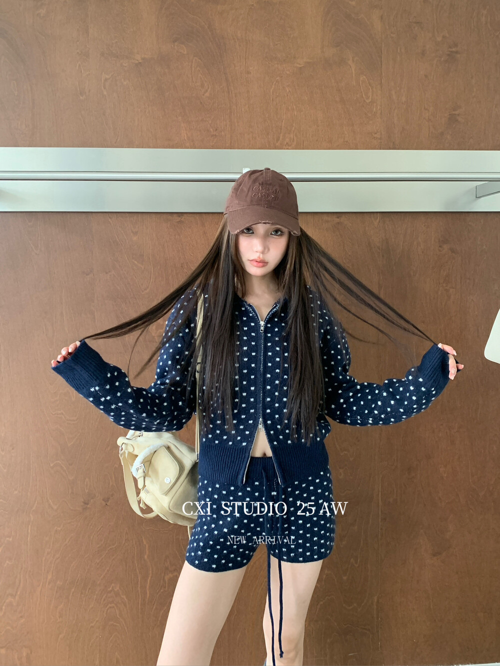 CXI美式复古波点辣妹针织针织开衫修身显瘦抽绳休闲短裤套装86121