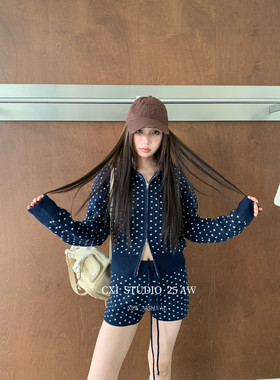 CXI美式复古波点辣妹针织针织开衫修身显瘦抽绳休闲短裤套装86121