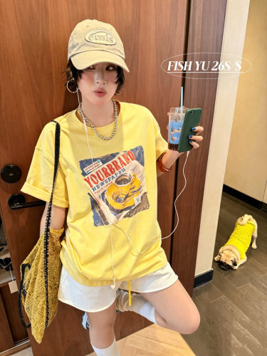 FISH YU夏美式复古慵懒风咖啡油画质感前后白墨印花圆领短袖T恤女