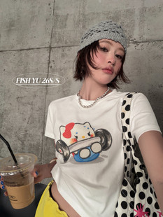 FISH YU夏新款韩系卡通杠铃kitty立体烫钻小版短袖T恤上衣女