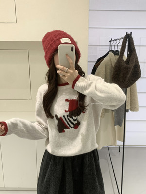 MZI STUDIO韩感少女童真减龄色彩小狗提花软糯可爱套头毛衣25162