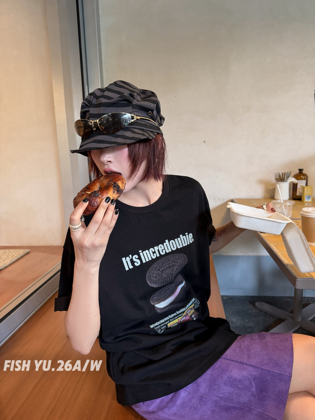 FISH YU美式复古奥利奥饼干字母印花宽松圆领大版短袖T恤26559