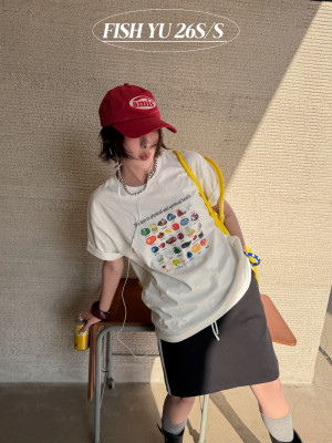 YU夏韩版彩色石头白墨直喷印花立体装饰小石头圆领短袖T恤626129