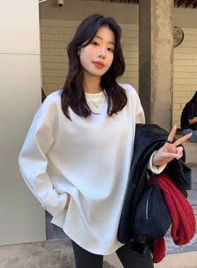 The lemon冬新款圆领休闲加厚开衩纯色宽松白色长袖T恤女9296