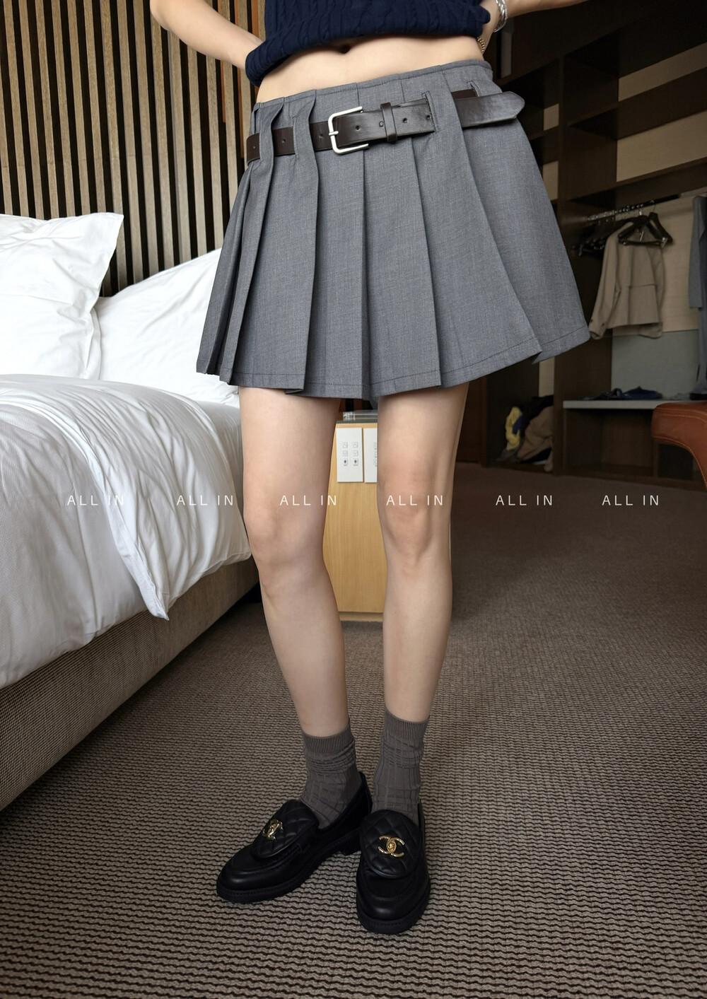 ALL IN秋韩系小女人韩女减龄百褶裙带安全裤半身裙 配腰带5102