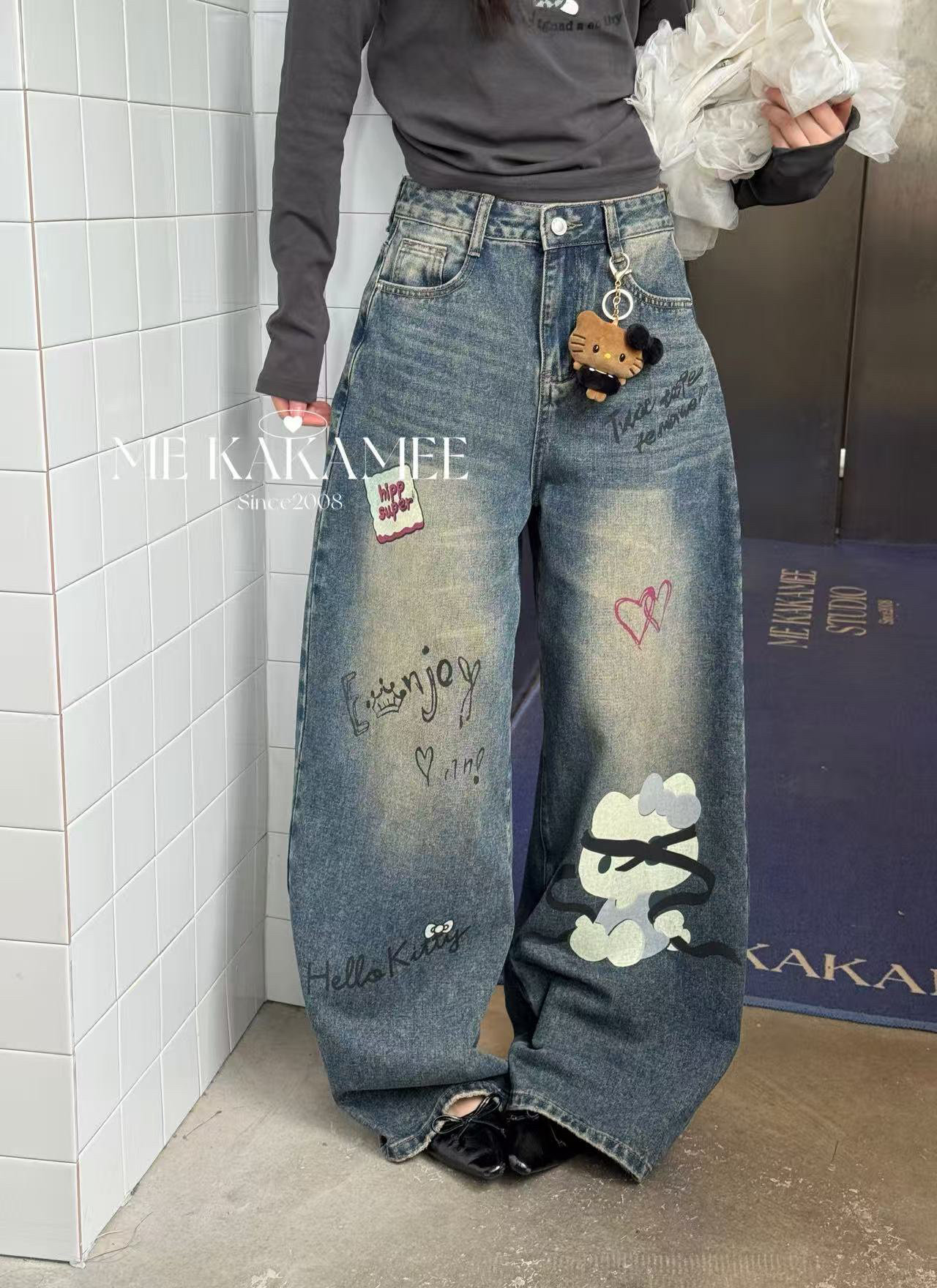 ME KAKAMEE秋新品字母KT猫设计感阔腿牛仔裤女 配可拆公仔C0927