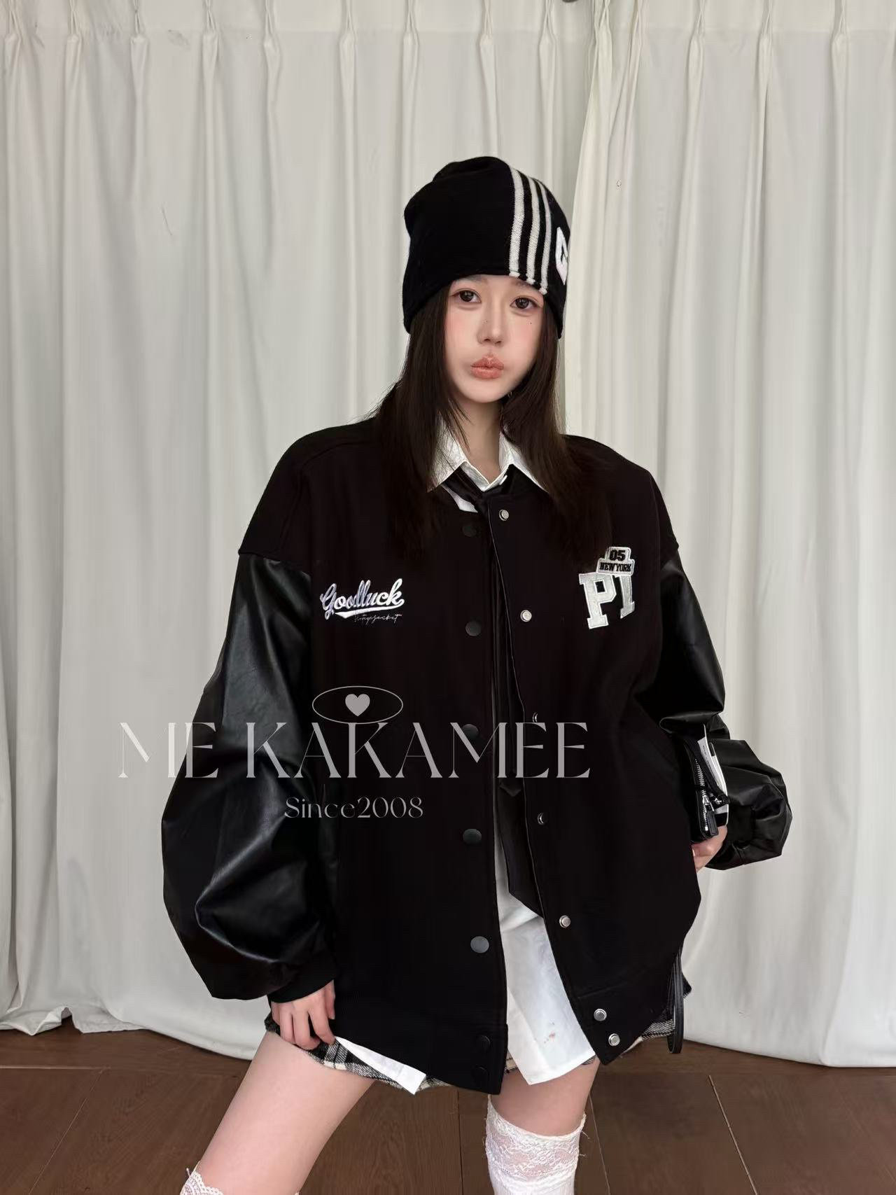 ME KAKAMEE冬新款美式复古印花毛呢拼皮夹克保暖棉服外套S5733