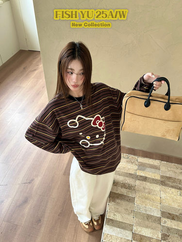 YU秋季新款韩货卡通Kitty猫条纹圆领宽松长袖T恤休闲大版上衣