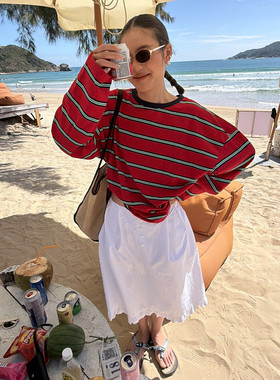 SANBARA早春新款简约撞色线迹条纹休闲长袖T恤大版上衣女86000