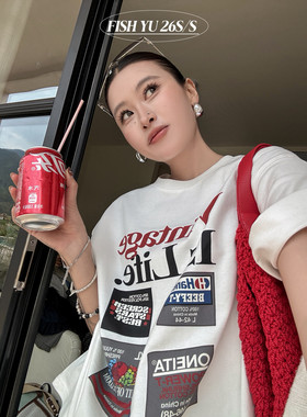 YU早春新款2026美式复古图标字母印花宽松圆领短袖T恤大版626051