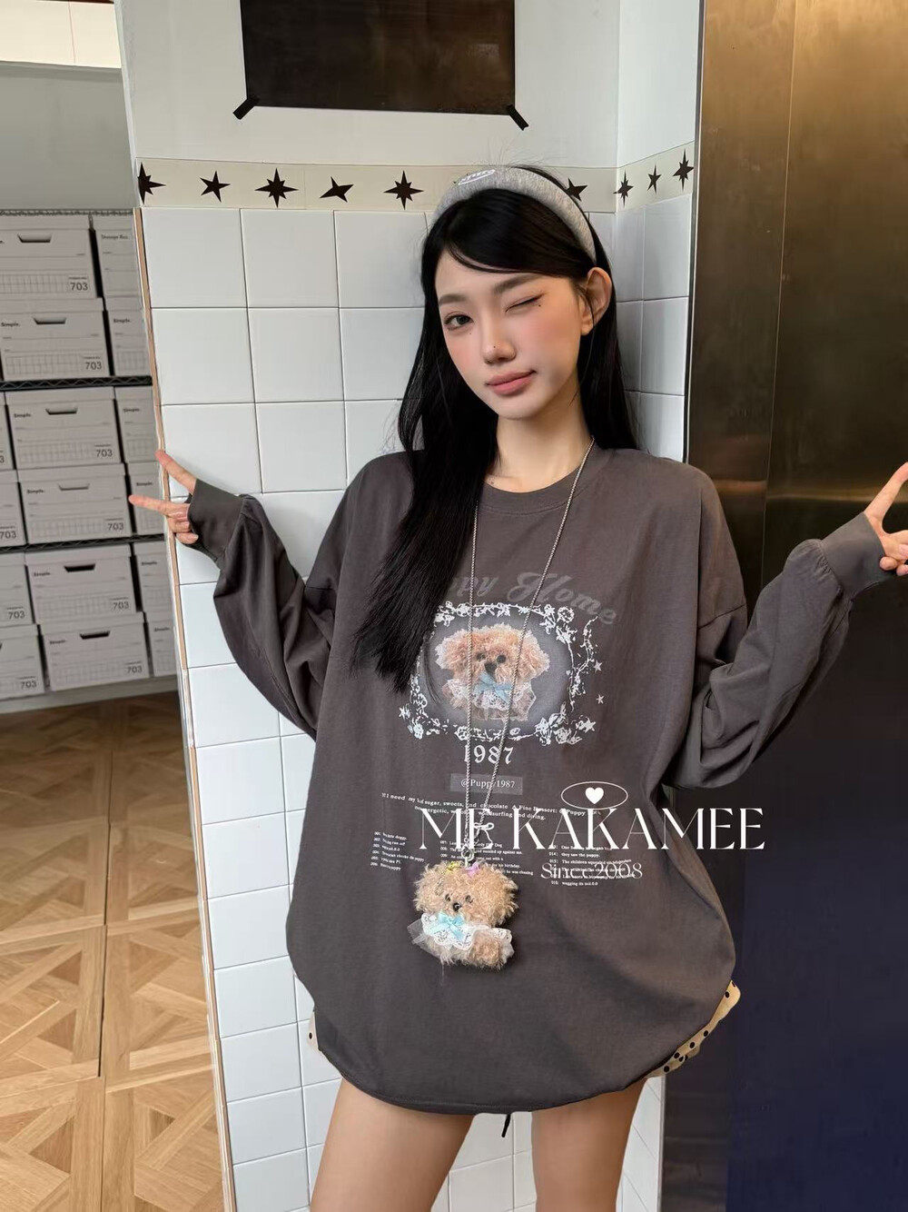 ME KAKAMEE秋新品喷画穿裙子小熊设计感大版T恤长袖T恤女休闲9625