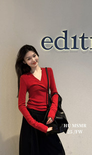 法式 时尚 复古V领磨毛短款 长袖 女C1239 HU冬新款 T恤打底衫 韩版