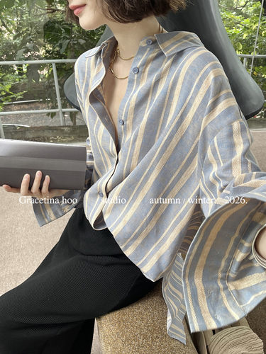HOO秋新款法式天丝亚麻廓形条纹松弛感慵懒随性通勤百搭衬衫
