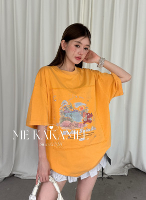 ME KAKAMEE新品海岛星星人贴布重工水洗炒纱宽松大版短袖T恤S3952